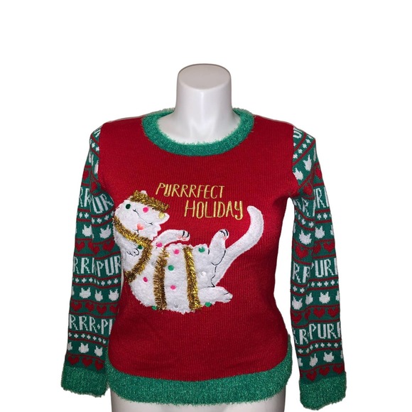 It’s Our Time Christmas Graphic Design Cat Embroidery Pattern Sweater, Size XL - Picture 9 of 11